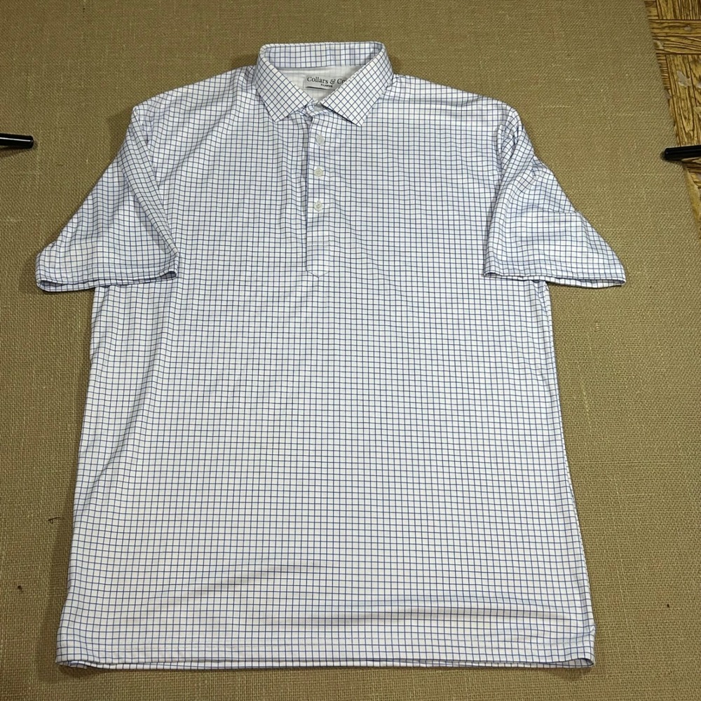 Collars & Co Mens Dress Collar Polo Shirt XL Blue White Windowpane Check